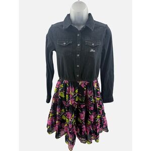 Guess Womens Black Denim Floral Tiered Dress Size 14 Vintage Y2K
